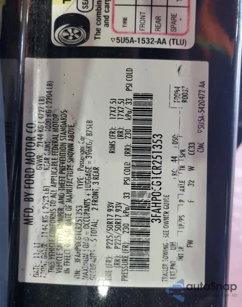 2012 Ford Fusion Sel из США, поврежденный, VIN 3FAHP0CG1CR251353